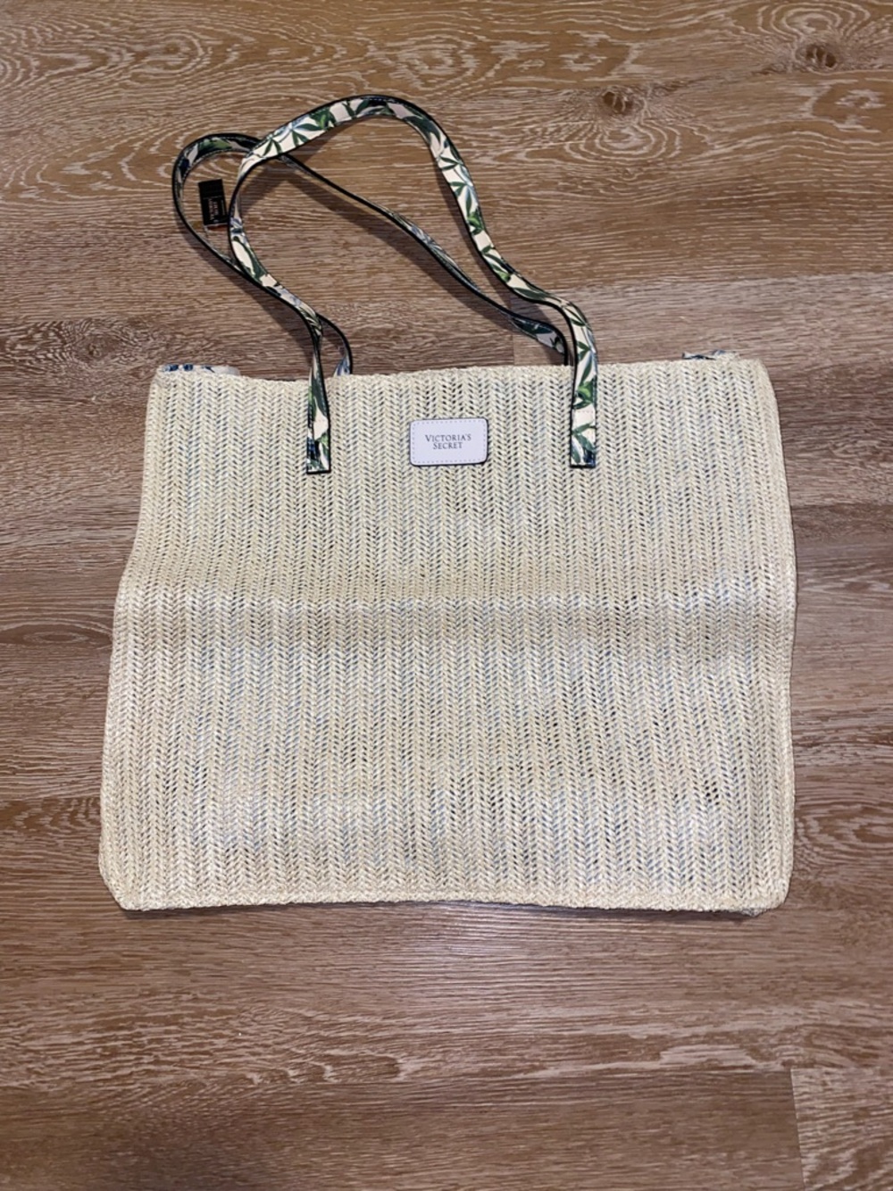 Victoria's Secret Cream Straw Tote with Green Patterned Handles